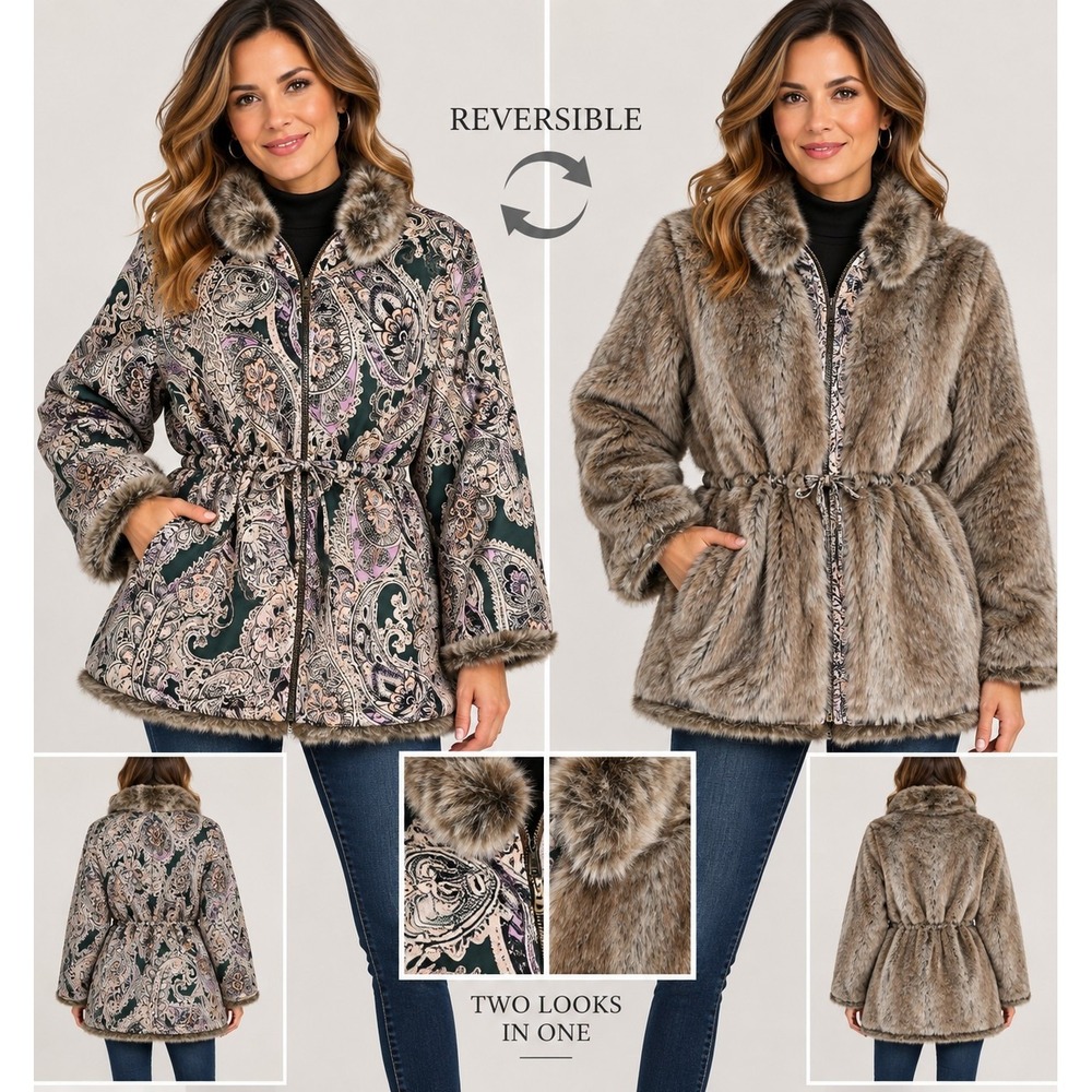 Chico's Reversible Paisley Faux-Fur Jacket Sz 3 XL Boho Y2k